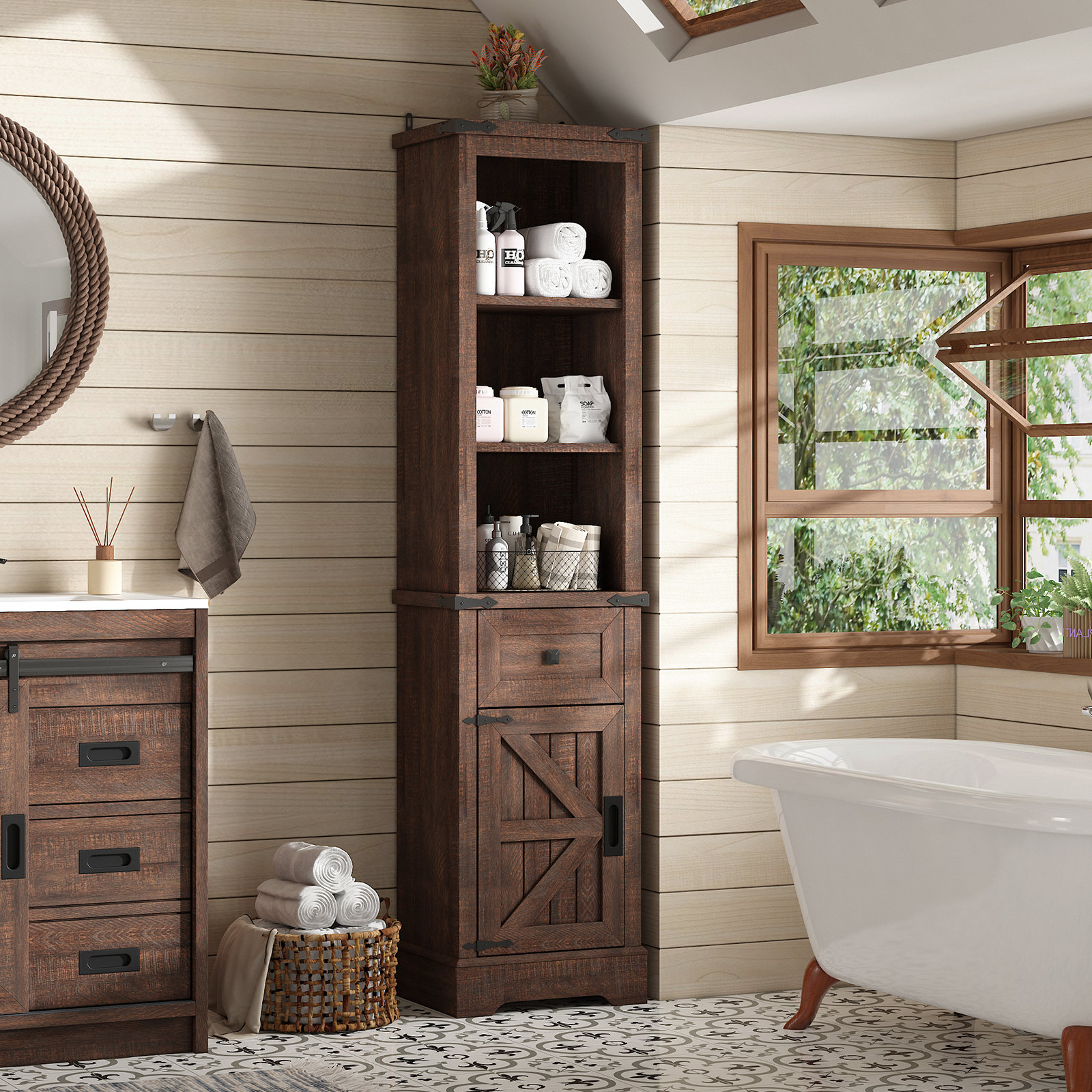 Gracie Oaks Tall Bathroom Storage 68" H Farmhouse Slim Storage